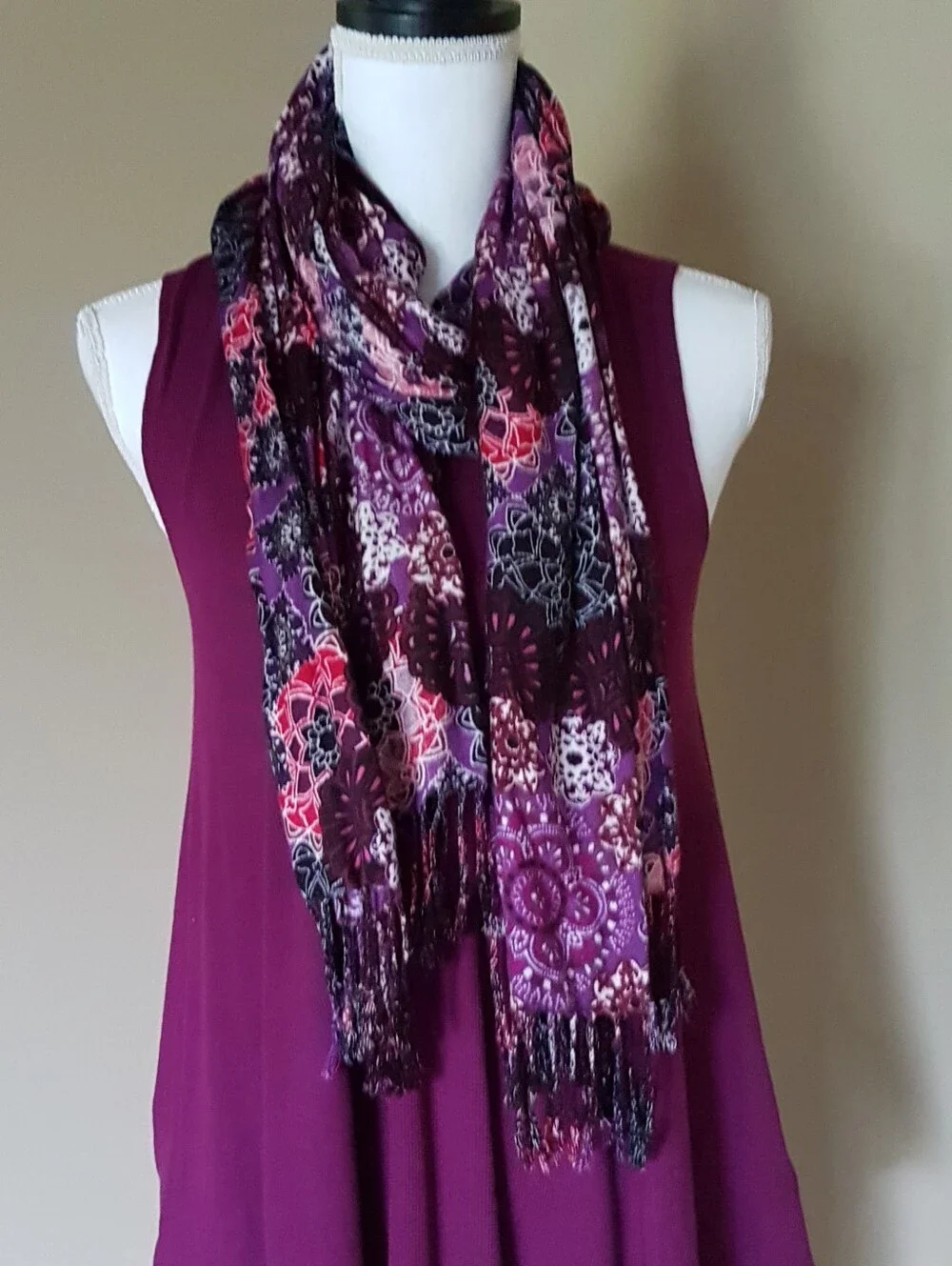 Black & Purple Magenta Multicolor Floral Pattern Scarf Like NEW
